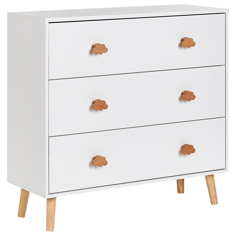 Cassettiera a 3 cassetti in MDF bianco Gambe in legno di pino Maniglie a forma di nuvola Camera dei bambini