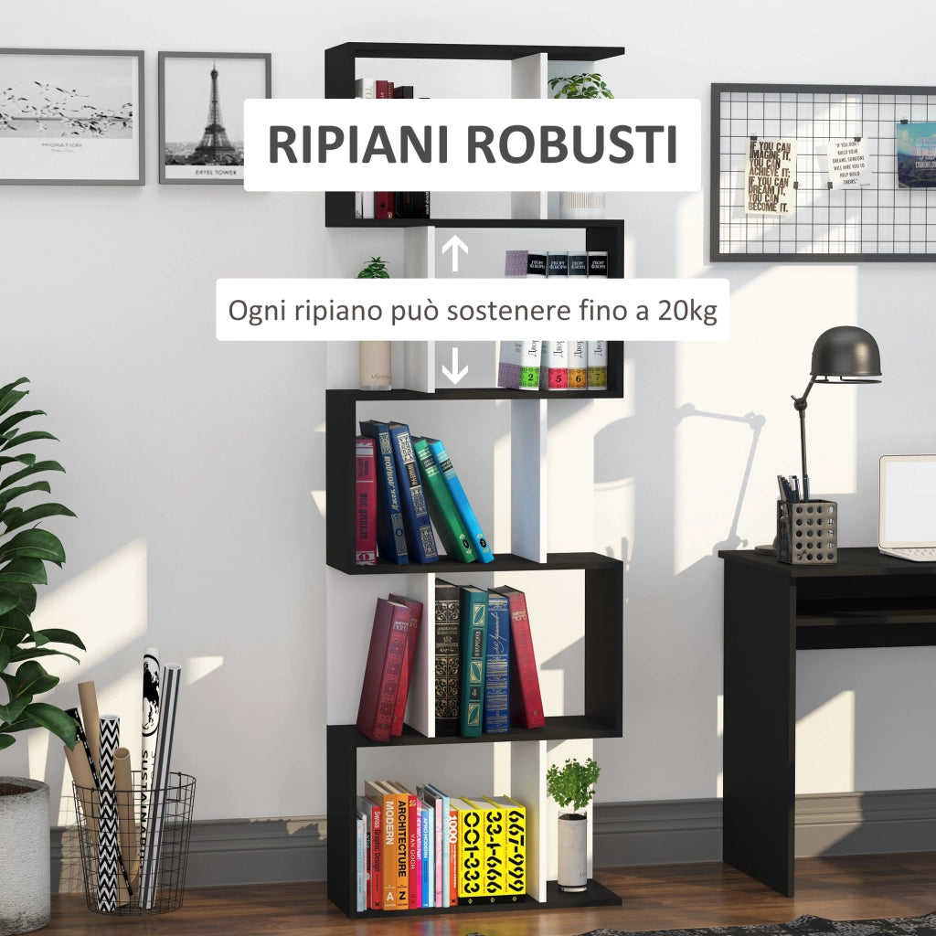 Mobile Libreria in Legno a 5 Ripiani con Divisorio. 60x24x184.5 cm. Bianco e Nero