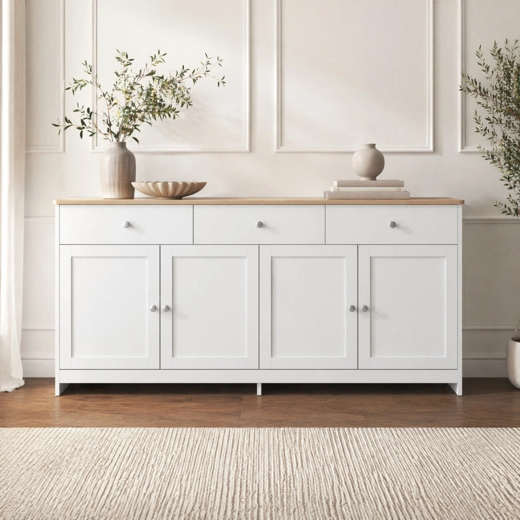 Credenza buffet rustica 160 cm con 4 ante; 3 cassetti e ripiani regolabili; bianco e legno