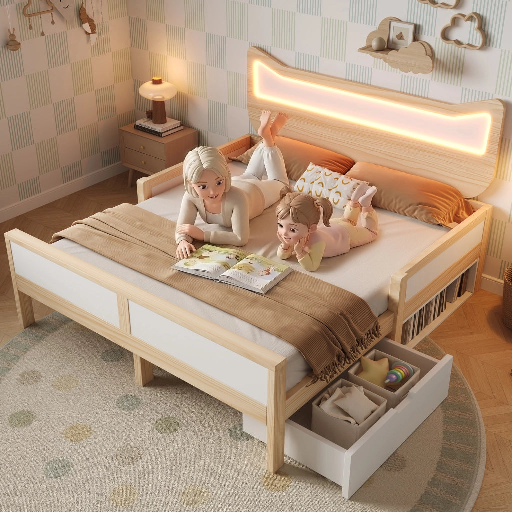Letto per bambini a forma di gatto con LED RGB, cassetto e vano contenitore