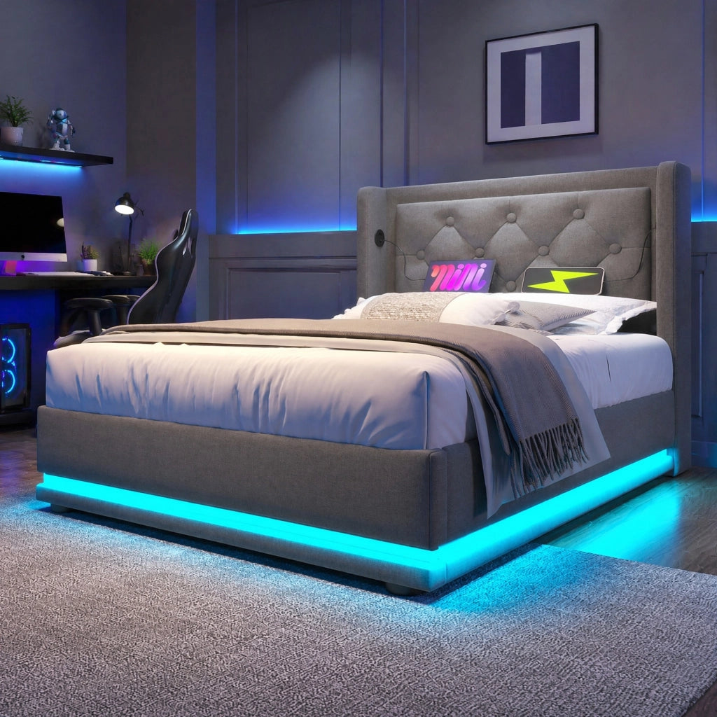 Letto imbottito con USB Type-C, LED e contenitore salvaspazio