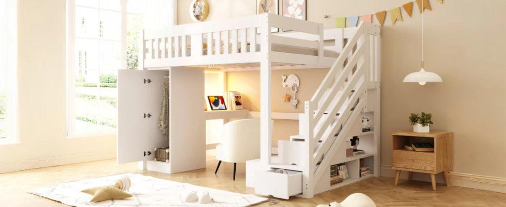 DESMIU Letto a soppalco 140 × 200 cm 2 posti con scala, scrivania, armadio, LED e panca contenitore, senza materasso