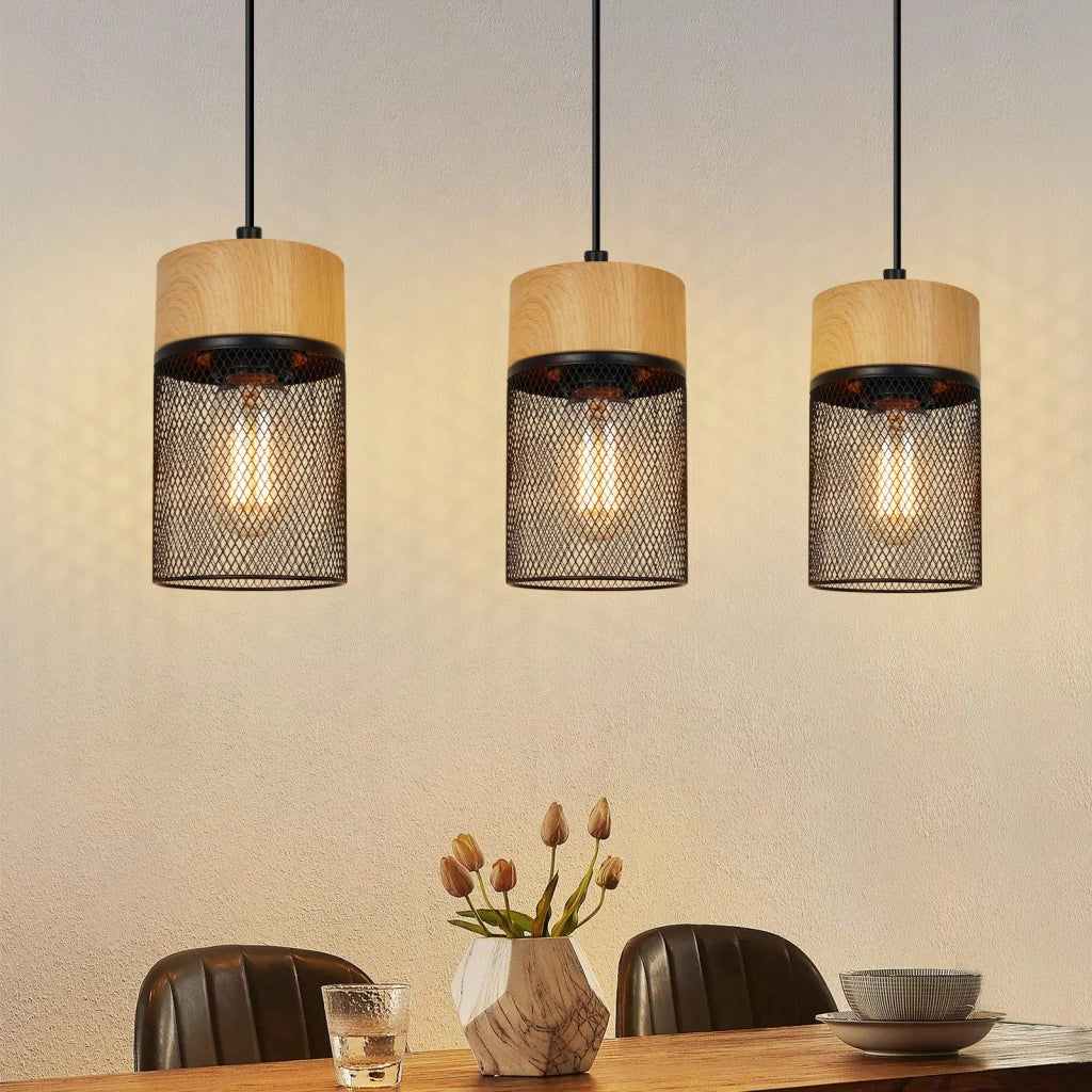 Lampada a sospensione ZMH 3 luci barra legno nero venature per sala da pranzo corridoio e bar