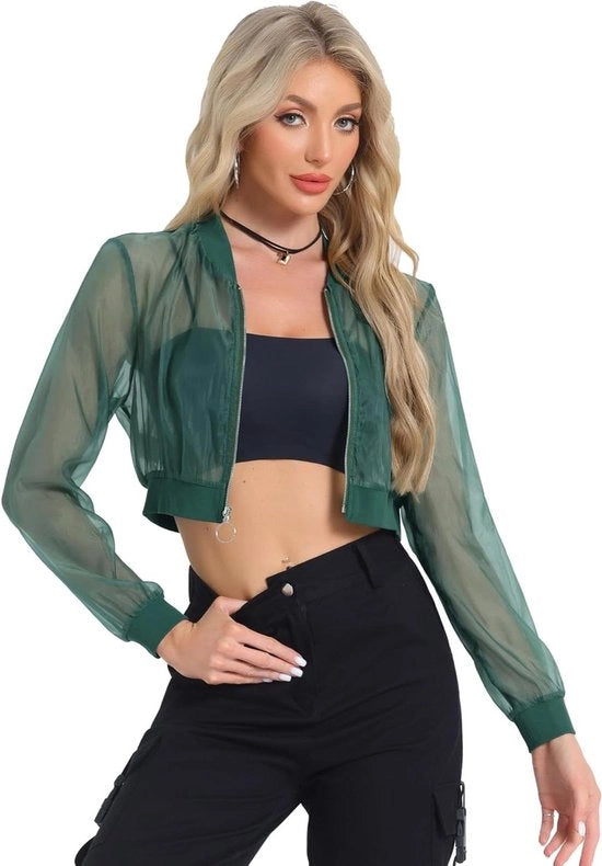 Giubbotto da donna con maniche lunghe in stile crop, chiusura a zip e design mesh trasparente