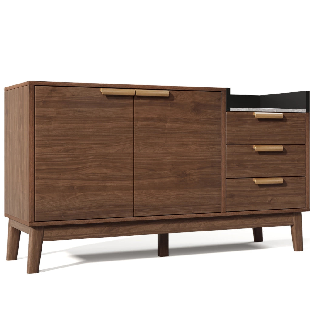 Credenza 120x40x77 cm con 3 cassetti e armadietto a 2 ante; ripiano regolabile in legno e metallo rovere scuro