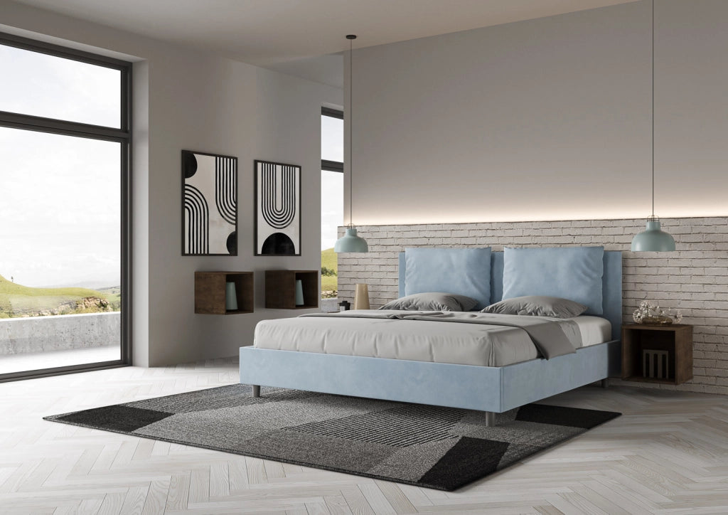 BS COM Letto con rete imbottito 180x200 microfibra azzurro