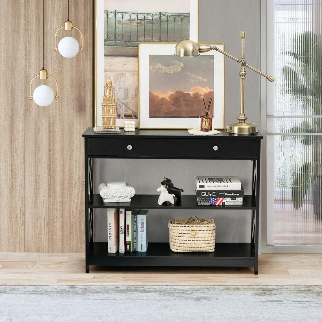 Tavolo da ingresso per salone e corridoio con 1 cassetto e 2 mensole, Tavolino da parete con 3 livelli Nero-Consolle