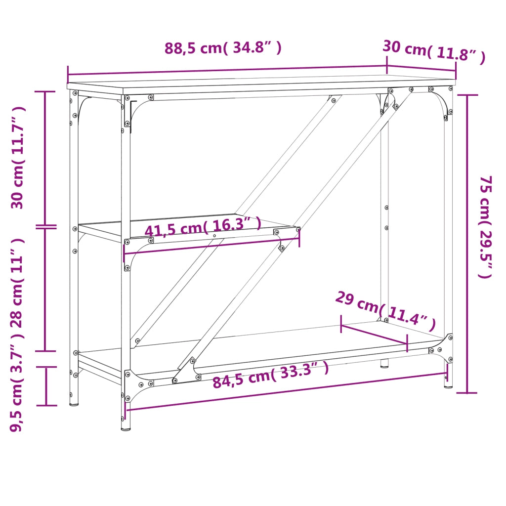 Tavolino Consolle Grigio Sonoma 88,5x30x75 cm Legno Multistrato 835482
