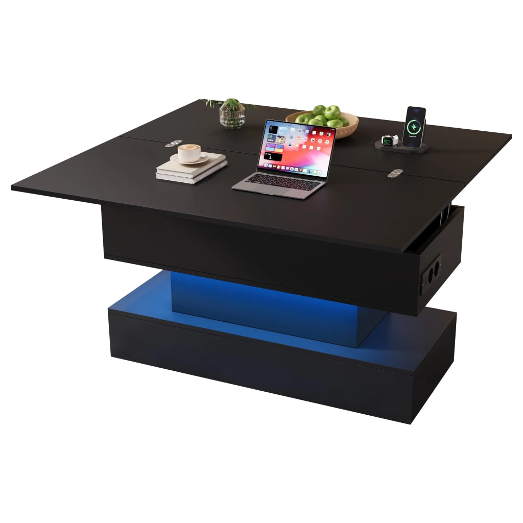 Tavolino da salotto elevabile con vano contenitore; LED e presa integrata per soggiorno; 100×50×51.5 cm