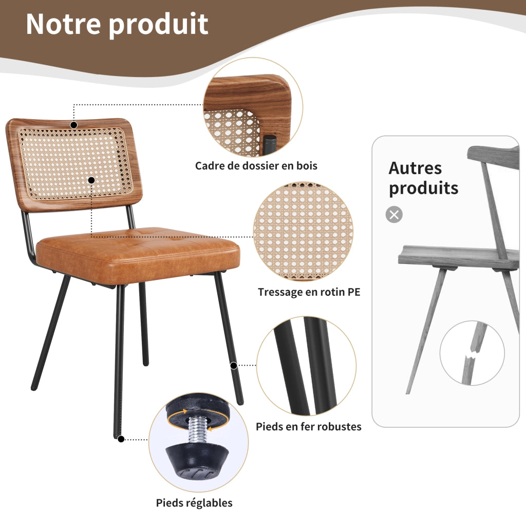 Sedia da pranzo ergonomica in PU e rattan con gambe in metallo, marrone