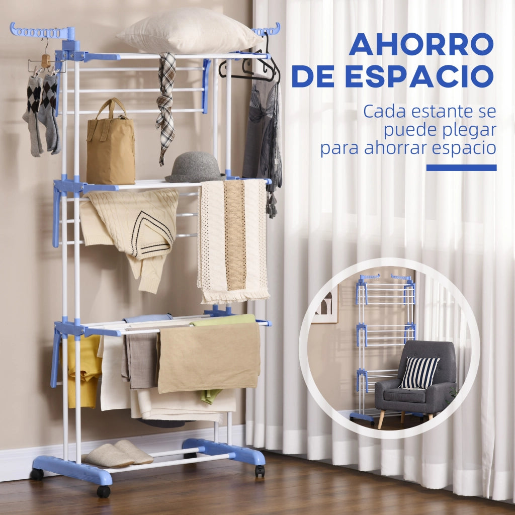 Tenda da Bucato Verticale Pieghevole con Ruote ¨C zephmum ¨C 73x64x172 cm Blu e Bianco