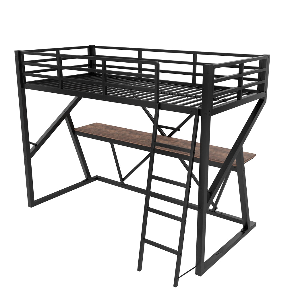Letto a soppalco per bambini 90x200 cm con scrivania, scala, LED multicolore e ringhiera, nero
