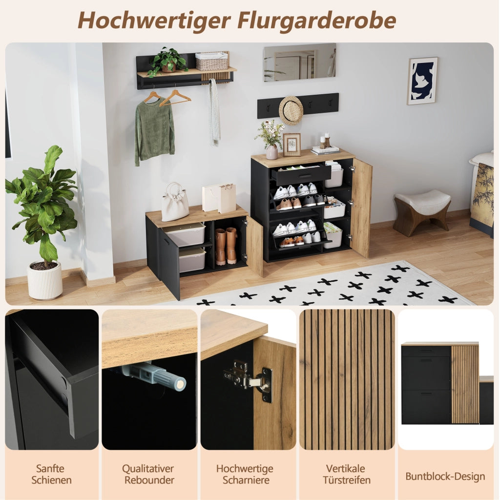 MOBILE Ingresso Set 5 pezzi con Specchio e Scarpiera Panca Nero e Naturale