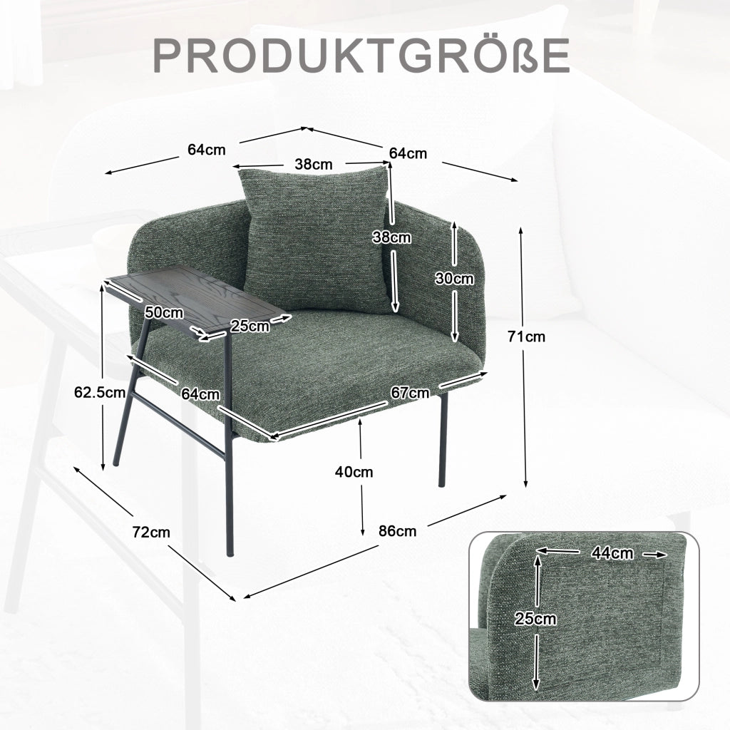 Fauteuil con tavolino laterale e tasche portaoggetti, seduta imbottita in ciniglia verde smeraldo 86 × 72 × 71 cm