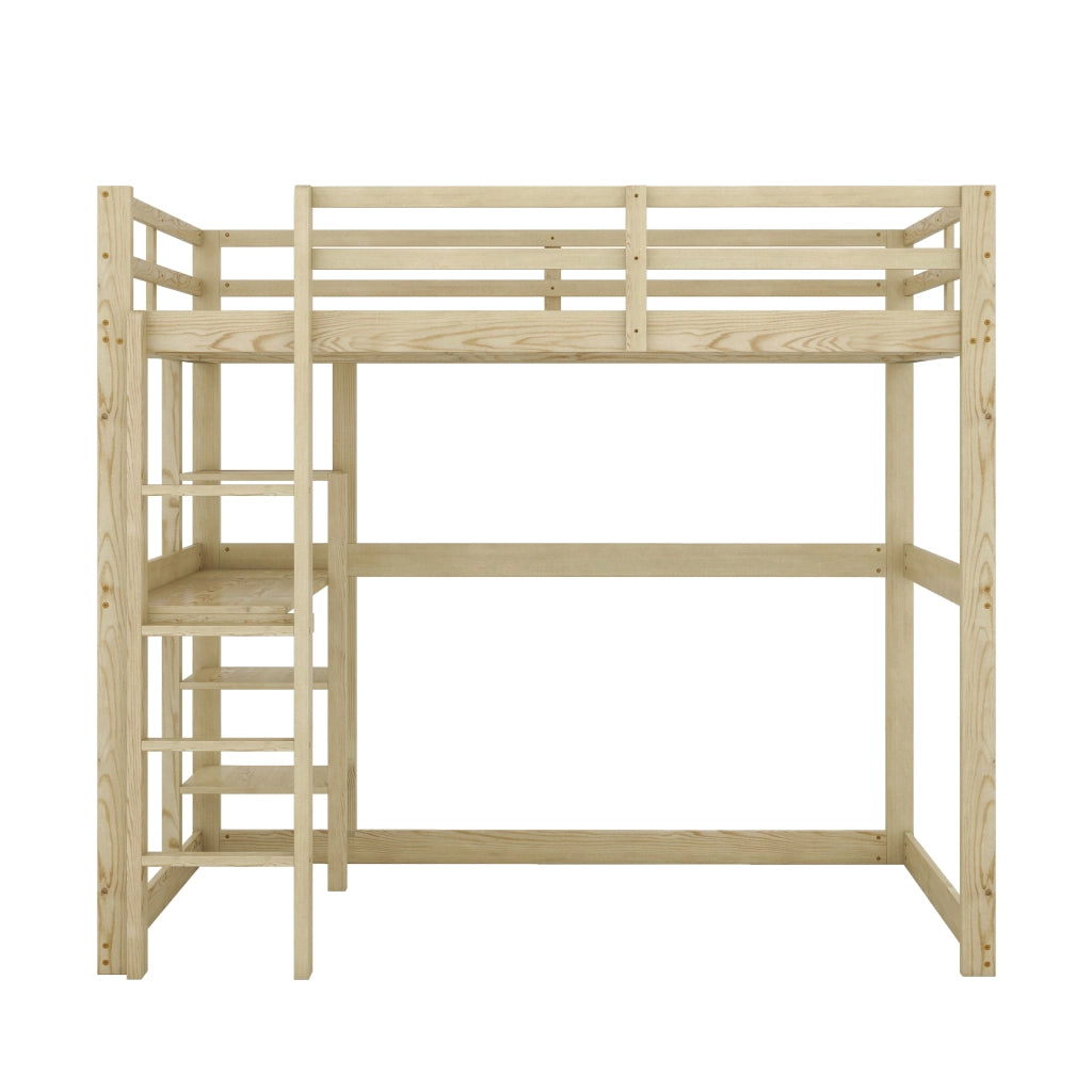 DESMIU Letto a soppalco matrimoniale con scrivania e 4 ripiani, 140 × 200 cm, senza materasso, pino naturale