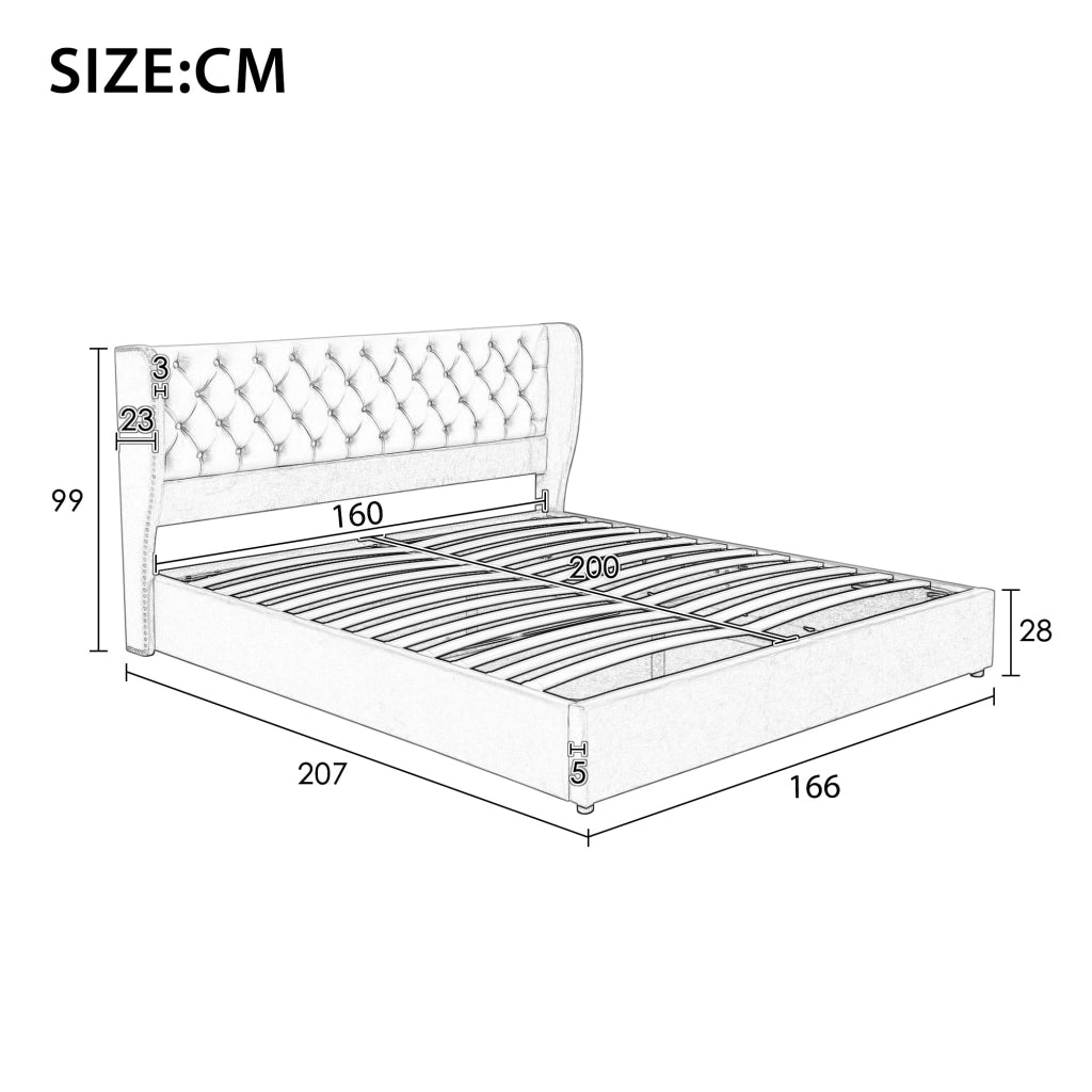 DESMIU Letto contenitore 2 posti con vano idraulico, 160 × 200 cm, senza materasso, in velluto beige