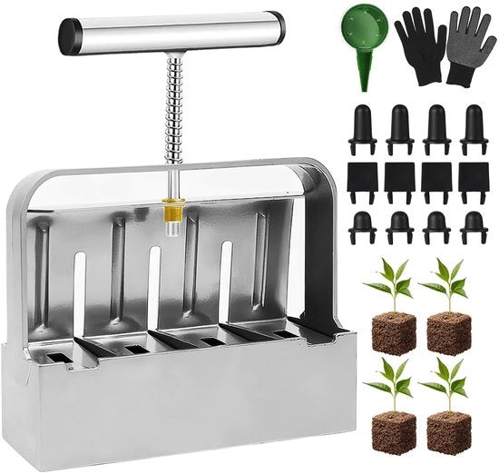 Blocco del terreno a mano - Grondbalperi - Manuale Blocco a mano - 4 Blocchi del terreno 5x5 cm - Aiuto alla semina - Guanti - Materiale di alta qualità in lega di alluminio