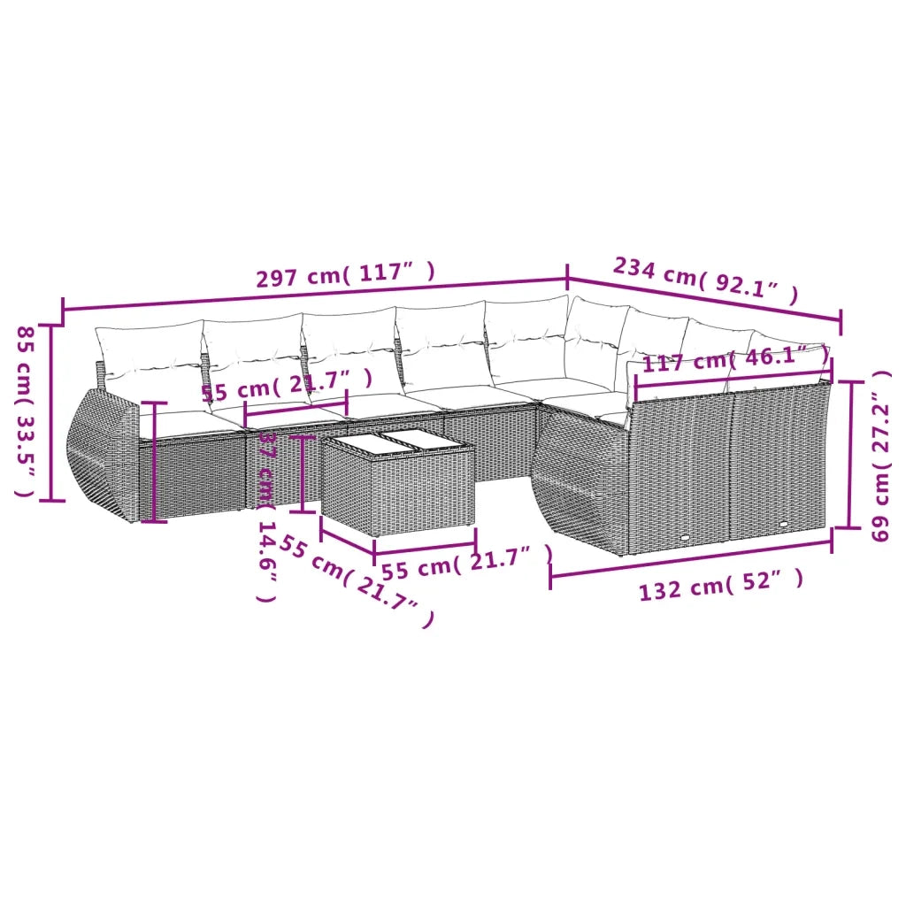 Set Divani da Giardino 10pz con Cuscini in Polyrattan Nero 3221844