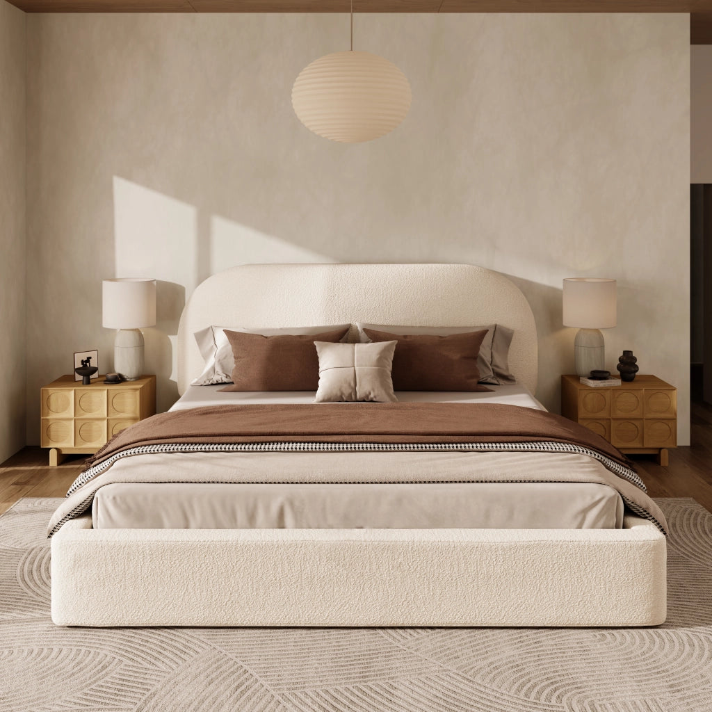 DESMIU Letto matrimoniale 180 × 200 cm 2 posti con testiera imbottita, senza materasso, bouclé beige