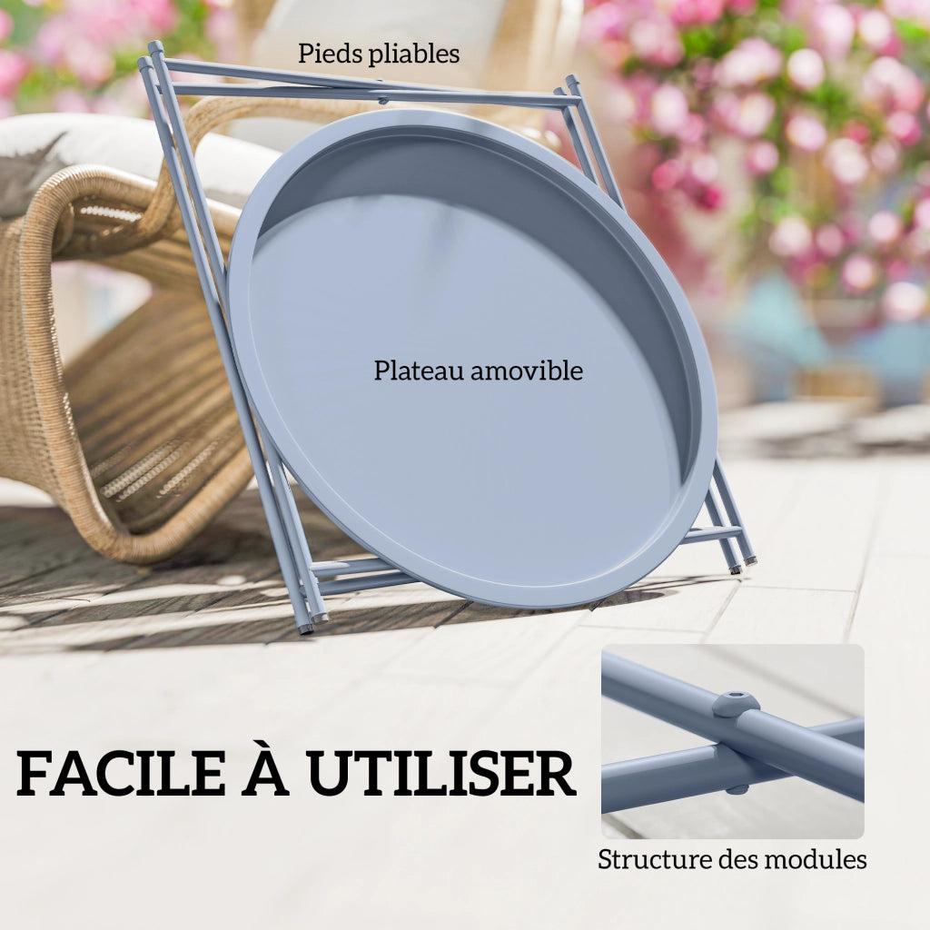 Tavolino da caff¨¨ rotondo con piano amovibile e bordo rialzato ¨C Minimal ¨C gambe pieghevoli in metallo, grigio blu, ?46xH53cm