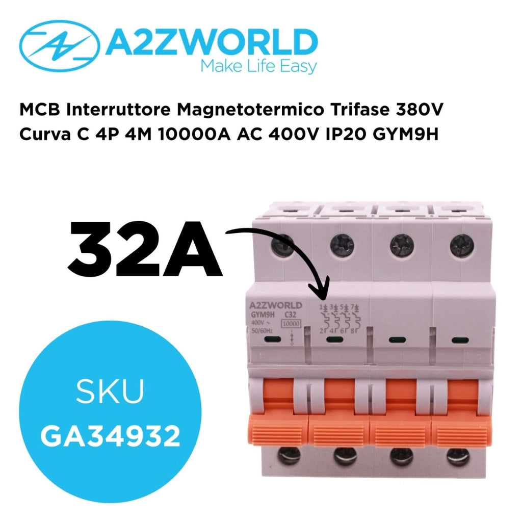 MCB Interruttore Magnetotermico Trifase 380V Curva C 4P 4M 10000A AC 400V IP20 GYM9H, Accoppiabile Con Bobina di Sgancio GA01231 GA01232, Disponibili 25A 32A 40A 63A (C32A)