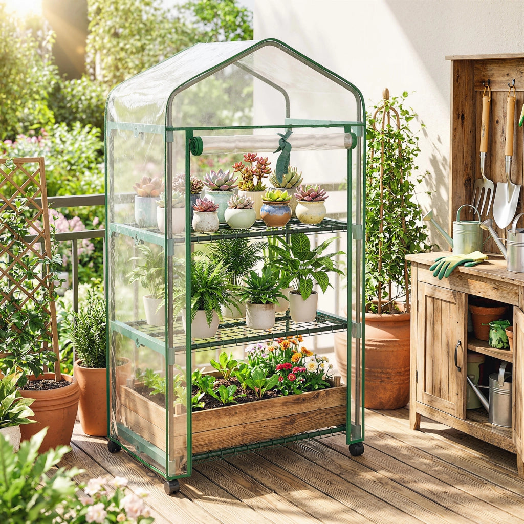 Serra da giardino mini con 3 ripiani ¨C Xylo ¨C PVC trasparente con ruote 69x49x130 cm