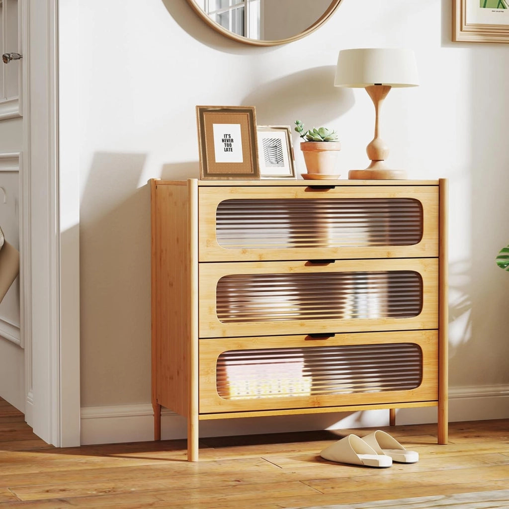 Cassettiera a 3 Cassetti in Bambù e Vetro Temperato, Cassettiera Salvaspazio per Camera da Letto, Credenza per Soggiorno, Ingresso e Corridoio, 80 x 40 x 78,5 cm, Naturale
