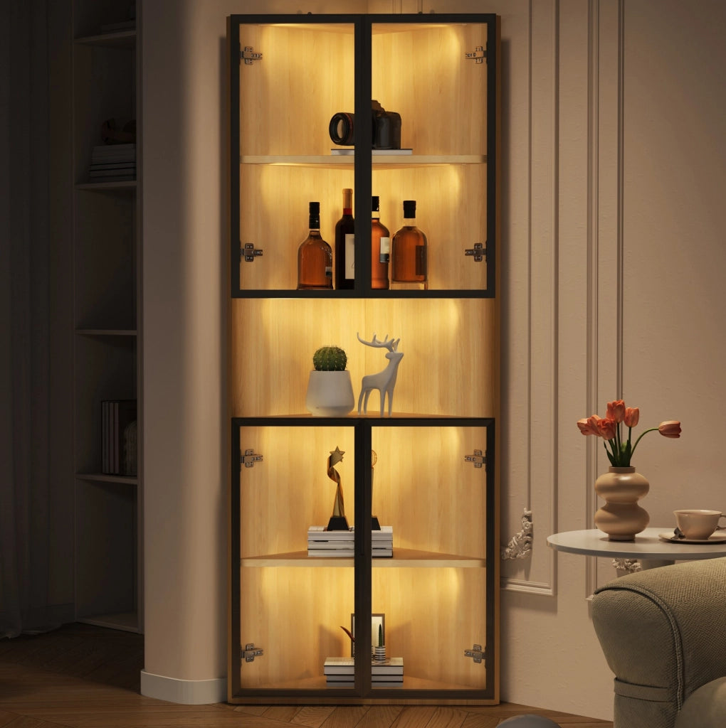 Vetrina angolare con illuminazione LED e chiusura soft-close in MDF rovere