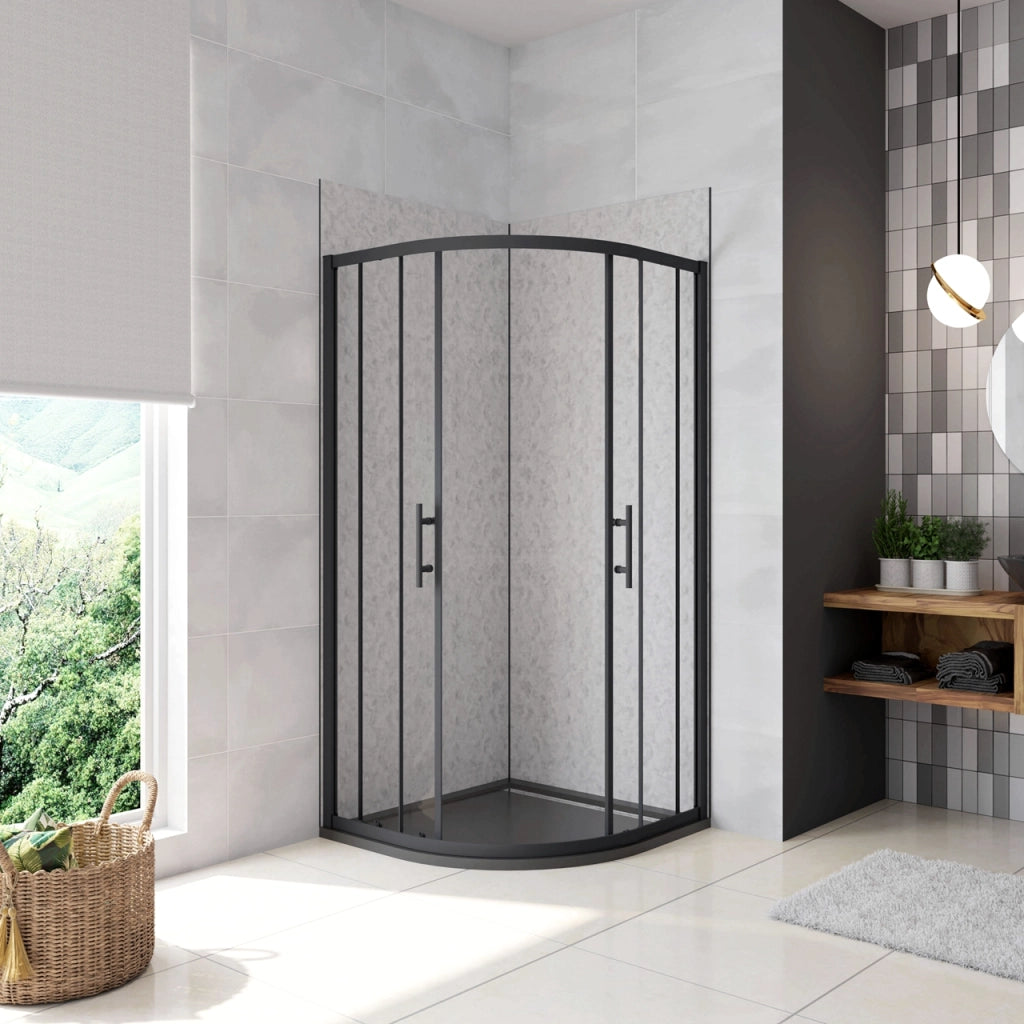 80x80x185 cm Box Doccia Semicircolare Ante Scorrevoli Vetro Temperato 5mm Trasparente Profilo Nero Opaco