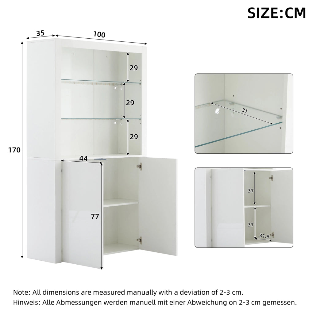 Vetrina 100x35x170 cm con LED e ripiani in vetro temperato; MDF bianco