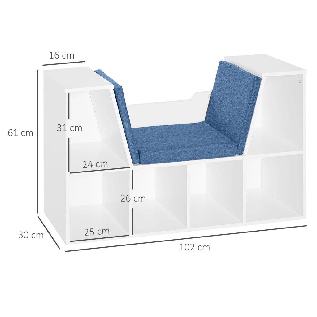Libreria panca 2 in 1 con cuscini seduta ¨C Xylo ¨C 6 scomparti aperti legno blu 102x30x61cm