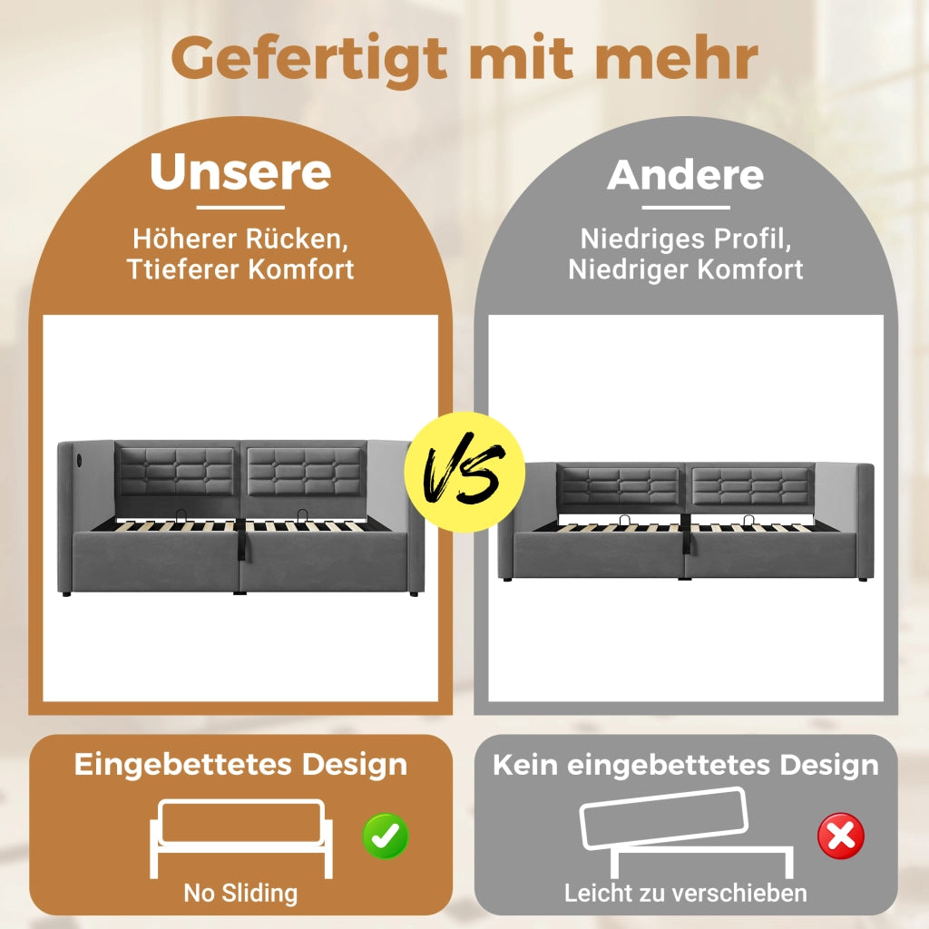 LETTO Divano 90x190 cm in velluto grigio con contenitore e USB Type-C