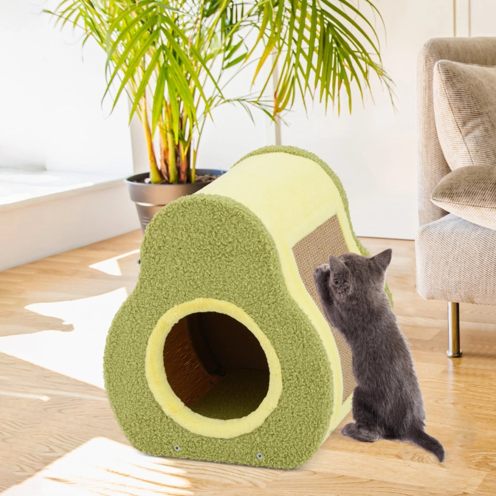 Cuccia per gatti a forma di avocado con tiragraffi in juta, Casetta per gatti carino con foro rotondo Verde-Lettini e divanetti