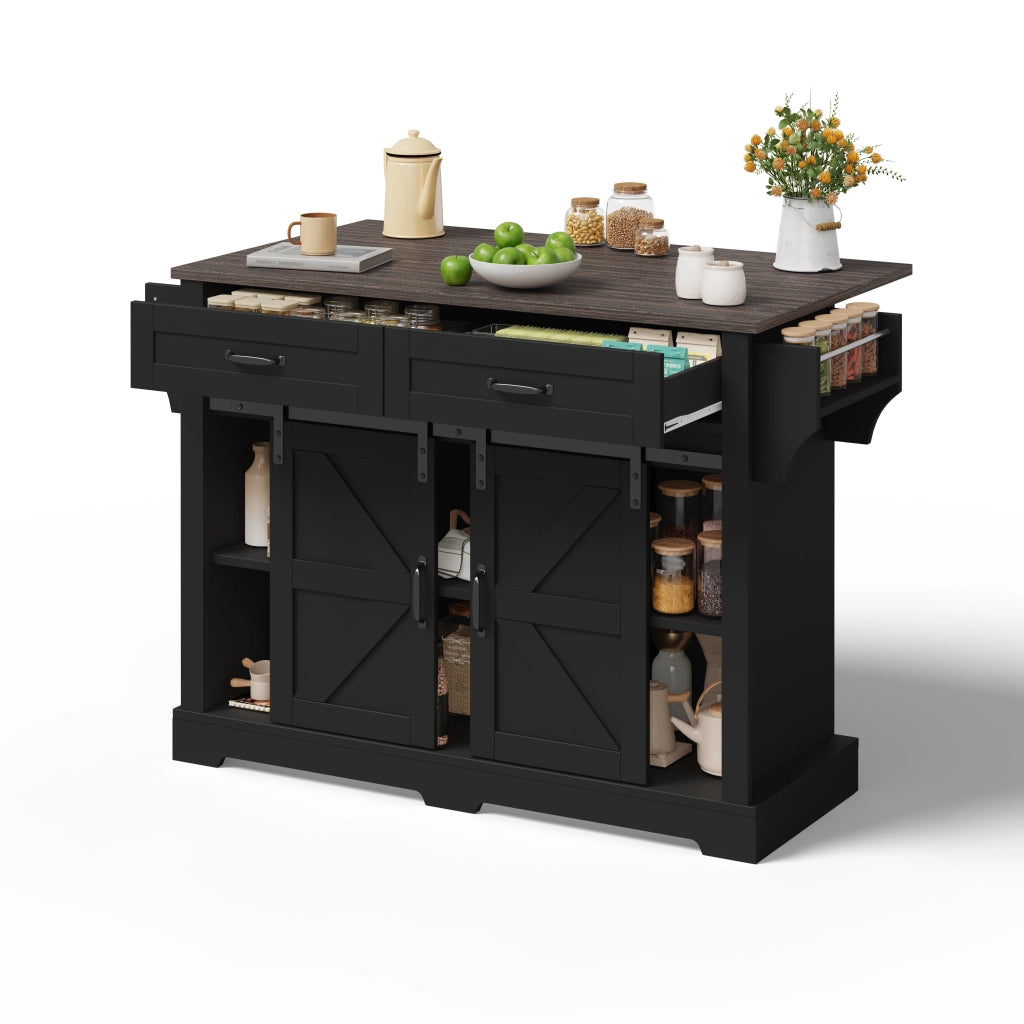Isola cucina pieghevole - Zephmum- 120¡Á45(70)¡Á91 cm, nero, stile fienile con ante scorrevoli e cassetti