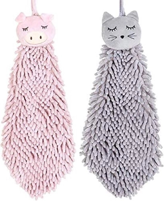 Set di 2 asciugamani animaleschi per cucina e bagno, morbidi e soffici microfibra, adatti per bambini e adulti (gatto e maiale)