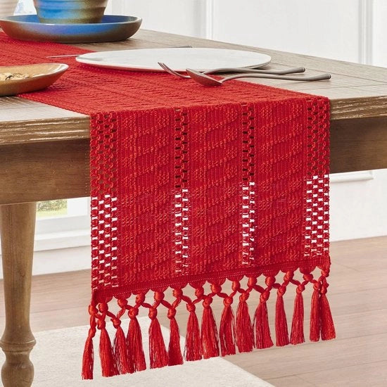 Tavolino di cotone e lino in stile boemo - 30 x 140 cm Tavolino rustico in stile rurale - Decorazione tessuta per la rurale - Tavolino con spilloni intrecciati - Ideale per un tavolo da giardino o un abbellimento per il servizio da tè