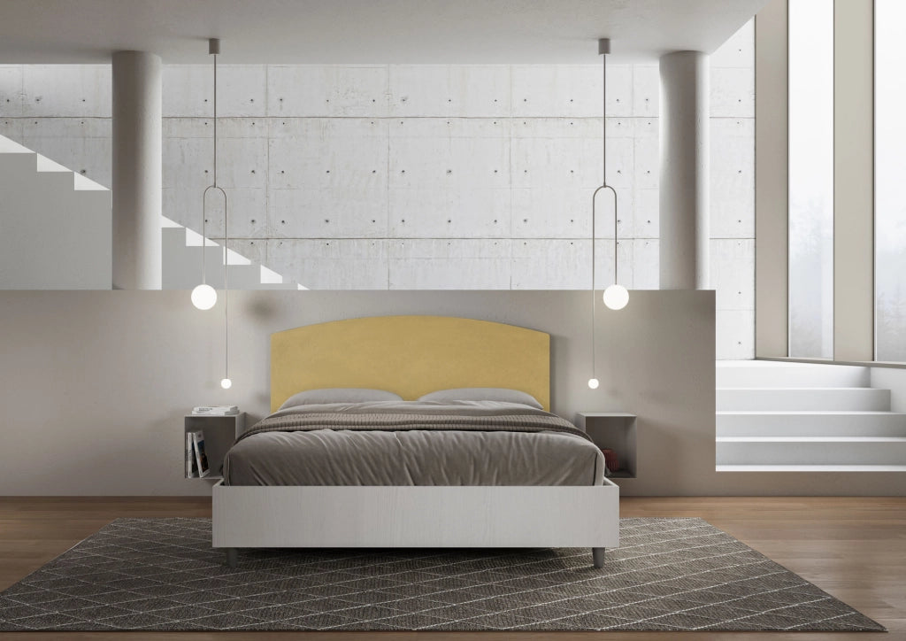 Letto Matrimoniale 160x200 cm con Rete e Contenitore Alzata Comoda Struttura Bianco Frassico e Testata in Microfibra