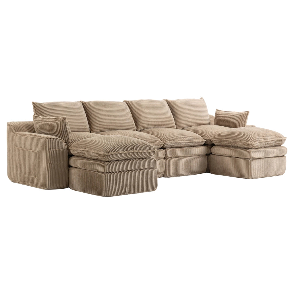 Divano Modulare 4 Posti con 2 Pouf ¨C MINIMAL ¨C Tessuto a Coste, Cuscini, Khaki