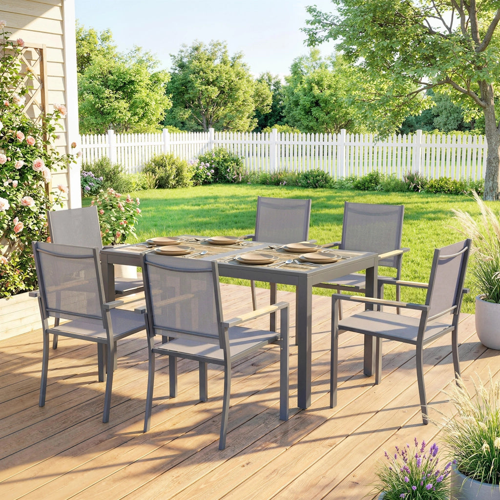 Set Giardino 7 Pezzi Tavolo Legno Effetto 6 Sedie Pieghevoli ¨C zephmum ¨C 140x80x72 Grigio