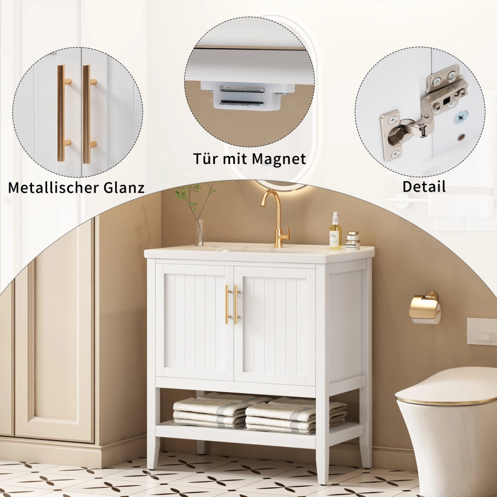 LAVABO DA BAGNO con mobiletto, ceramica bianca e MDF, Set 2 pezzi