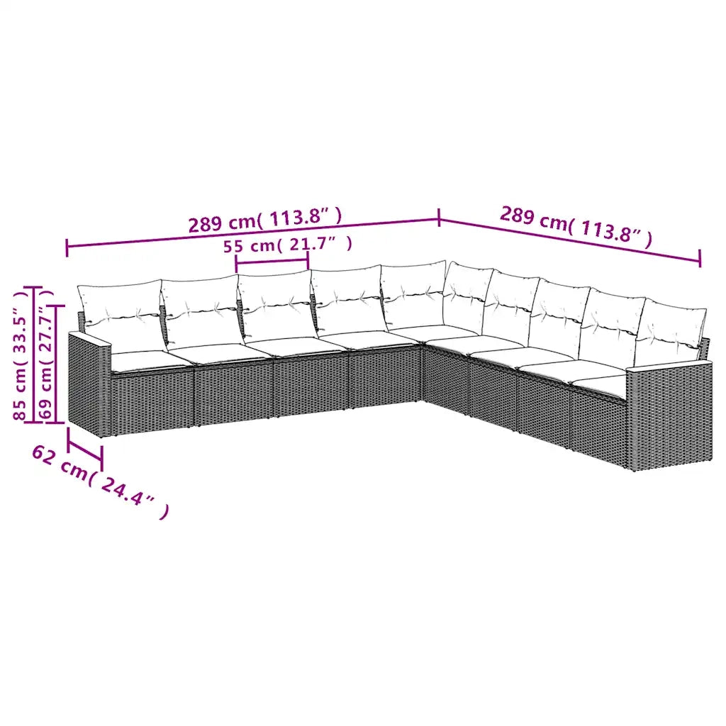 Set Divani da Giardino 9 pz con Cuscini Nero in Polyrattan 3226057