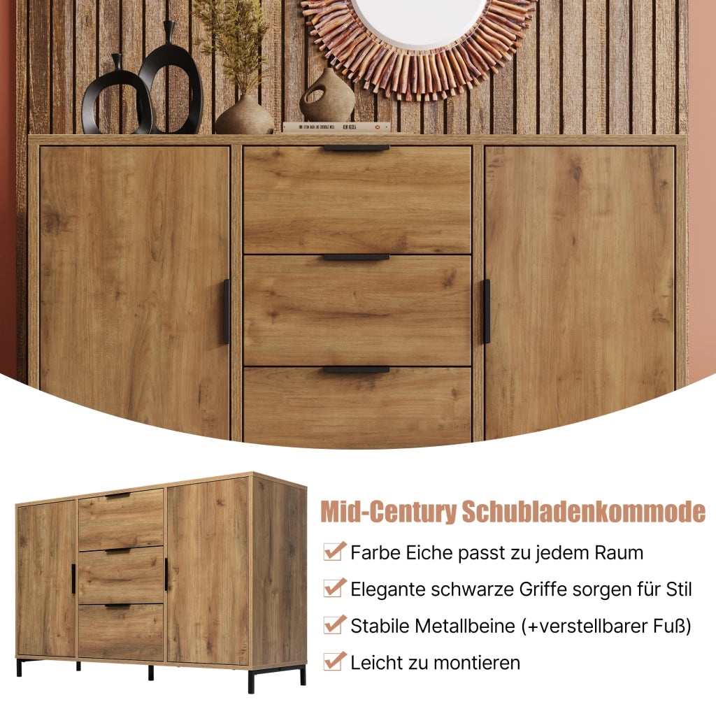 OKWISH Credenza 2 Ante e 3 Cassetti, Ripiano Regolabile, per Camera da Letto e Soggiorno, Legno e Metallo, 120 x 40 x 76 cm