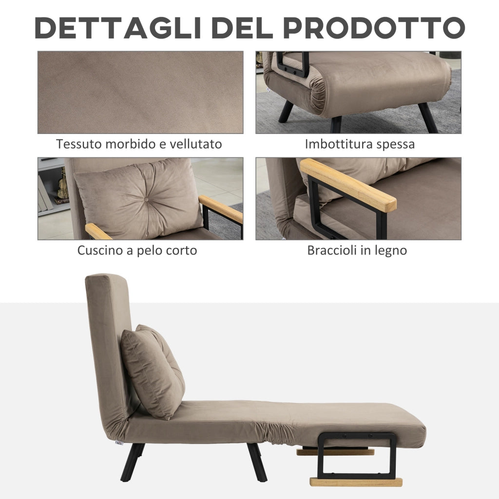 Poltrona Letto Imbottita 3 in 1 con Schienale Reclinabile in 5 Posizioni e Cuscino, 63x73x81 cm, Grigio