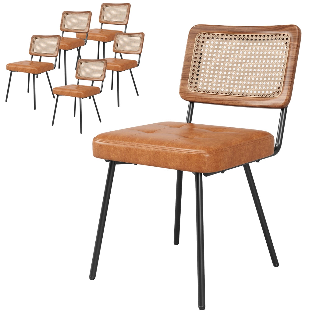 Sedia da pranzo ergonomica in PU e rattan con gambe in metallo, marrone