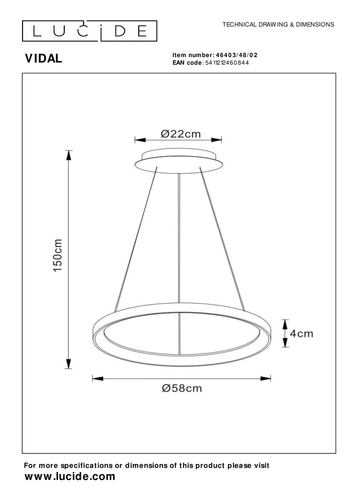Lampada a sospensione Vidal anello oro LED 48W Lucide