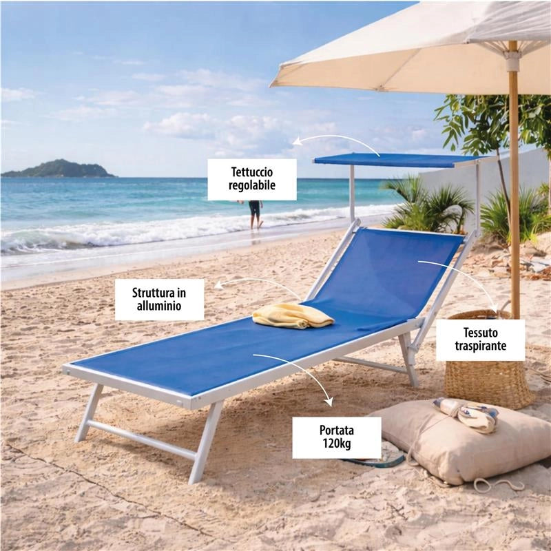 LETTINO STABILIMENTO RIMINI PRENDISOLE IN ALLUMINIIO CON PARASOLE PIEGHEVOLE 61X183/189X38H CM, COLORE BLU