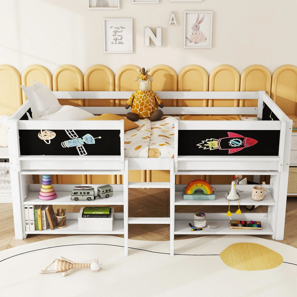 LETTO Semialto 90x200 cm Bianco con scala e vani contenitori
