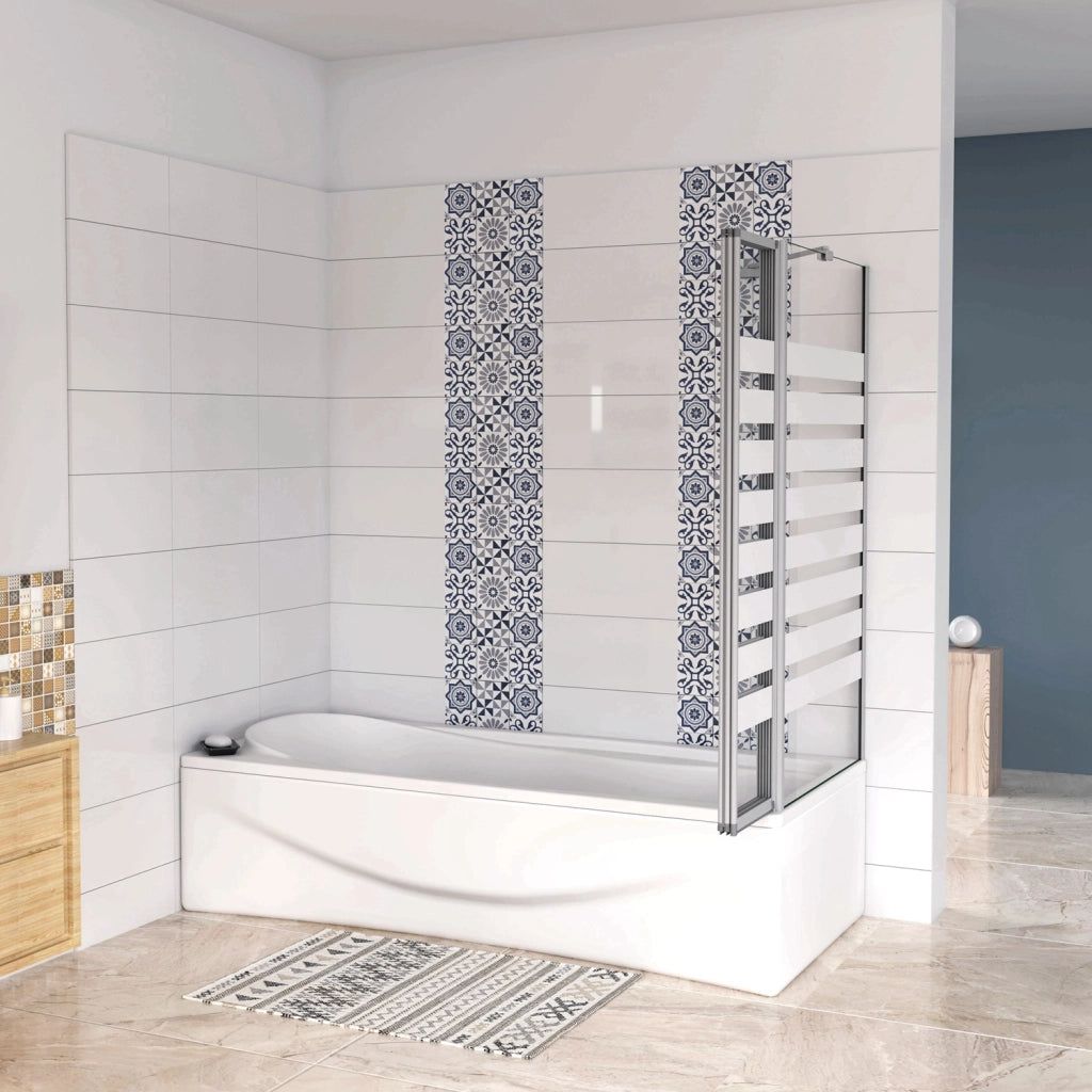 Sopravasca 130×140cm Vetro 4mm Temperato Bianco 3 Ante Pieghevoli a Libro con Lato Fisso 65x140 cm Profilo Argento Opaco Verso Destro