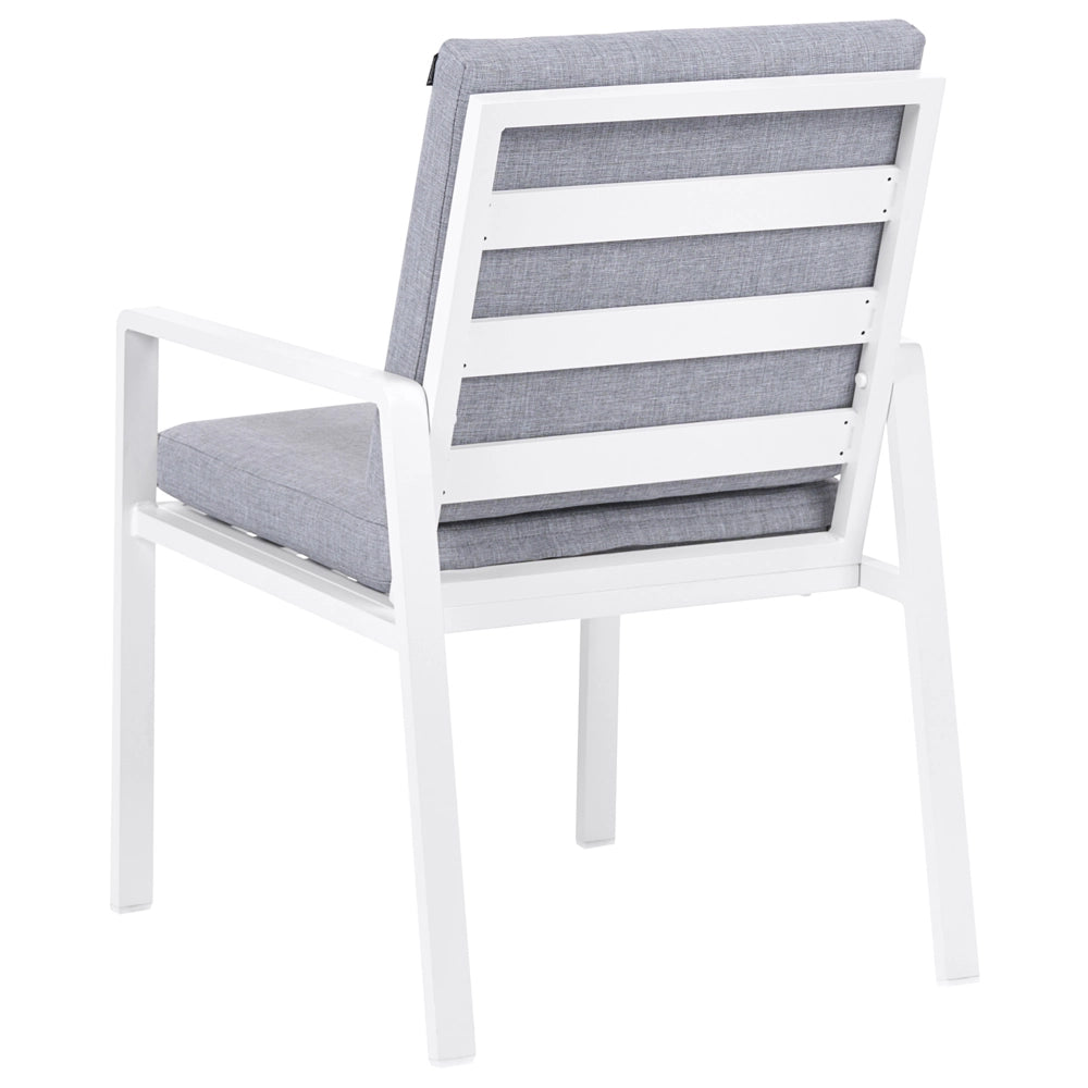 Set da pranzo da giardino 4 pezzi Tavolo e sedie bianchi e grigi Piano a doghe con cuscini Struttura in alluminio Patio esterno Moderno