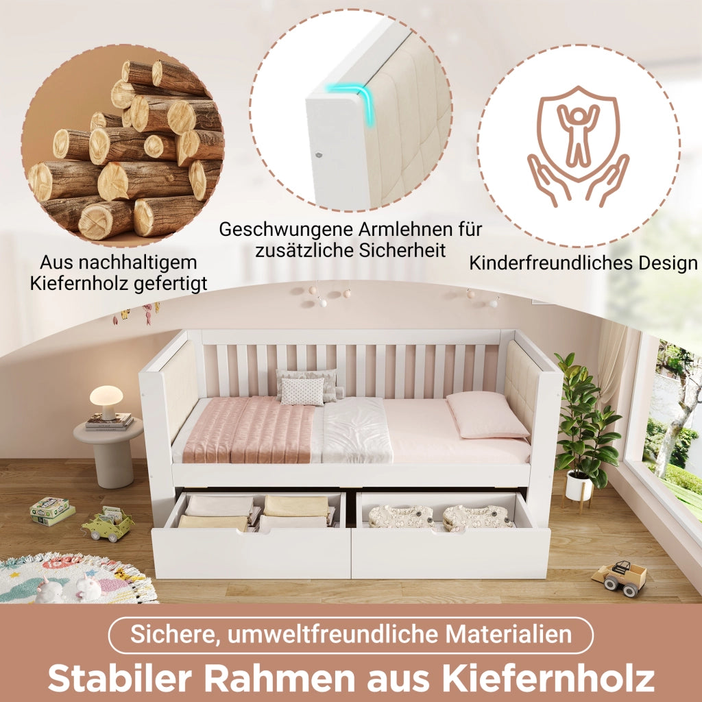 DESMIU Divano letto 90 × 190 cm 1 piazza con 2 cassetti, senza materasso, in legno, bianco